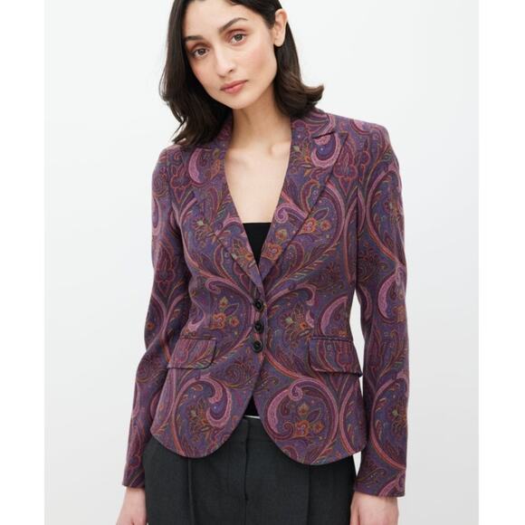 ETRO Paisley Wool Blazer Purple Button Front Jacket 3-Button Sz 42 EU / M